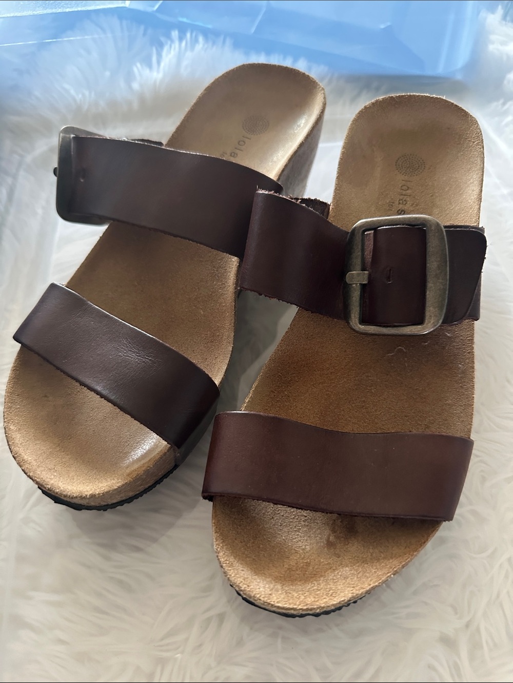 Brown Double-Strap Buckle Slide Sandals